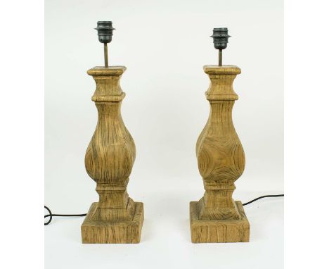 LOMBOK LAMPS, a pair, balustrade rustic carved wood, 83cm H. (2)