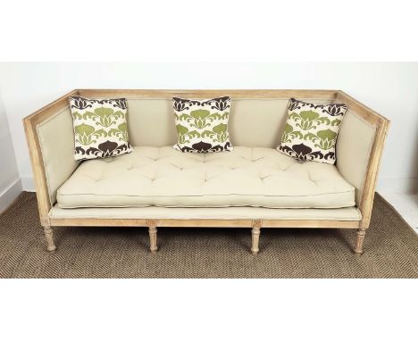 SOFA, Louis XVI style bleached cherrywood, in neutral upholstery, with squab and scatter cushions, on carved fluted legs, 84c