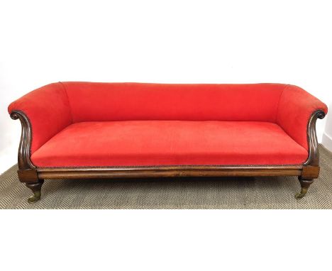 SOFA, Victorian rosewood, circa 1840, in vermilion fabric on brass castors stamped I, W. Lewty's Patent, 67cm H x 211cm W x 8