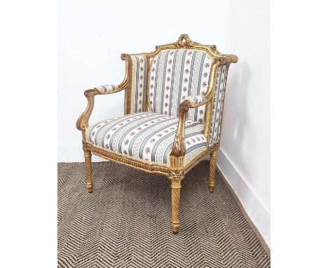 FAUTEUIL, late 19th century French giltwood in new striped fabric, 84cm H x 63cm W x 49cm D.