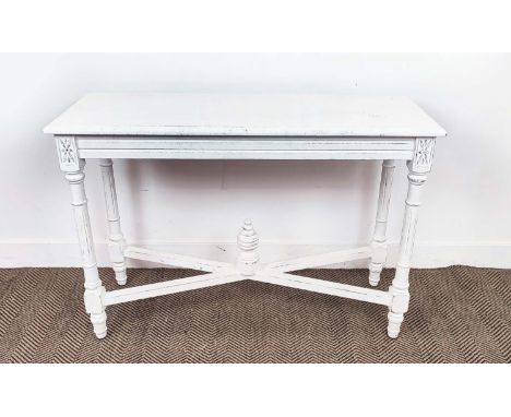 CONSOLE TABLE, distressed white painted, with carved detail, 112cm x 41cm x 78cm H.