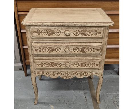 SMALL COMMODE, with 3 carved drawers, 38cm x 62cm x 78cm H.