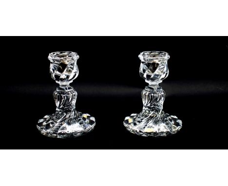 BACCARAT CRYSTAL 'BAMBOO' TYPE CANDLE HOLDERS, a pair, Wrythen decoration, signed to bases, 16cm H and a Schneider Art Deco g