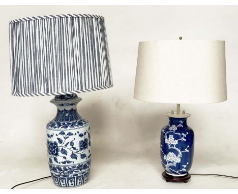 TABLE LAMPS, two, comprising a Chinese blue and white ceramic vase form with striped shade and a vase form lamp with white pe