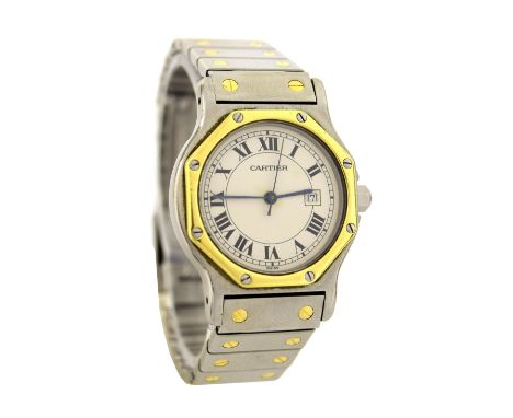 Cartier Santos automatic mid-size gold and stainless steel bracelet watch, case no. 296660337, circular white dial with Roman