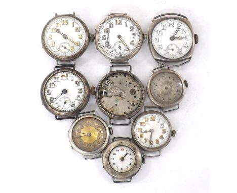 Silver cushion cased wire-lug gentleman's wristwatch; together with eight various silver wire-lug wristwatches for repair (9)