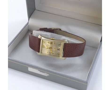 Longines 14ct rectangular hourglass cased gentleman's wristwatch, circa 1952, silvered dial with quarter Roman numerals, dot 