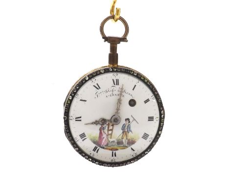 Attractive Swiss enamel verge gilt metal pocket watch signed Fres Wiss & Menu á Geneve, the gilt fusee movement with regulati