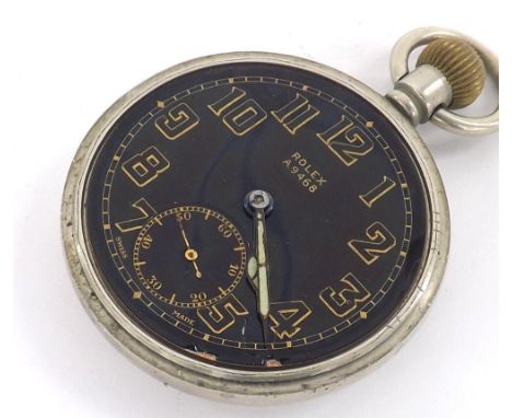 Rolex Military issue nickel cased lever pocket watch, signed 15 jewel 360 movement, the black dial with gilt Arabic numerals 