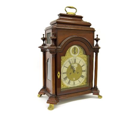 Good English mahogany double fusee bracket clock, the 8" brass arched dial signed William Barker, Wigan on a silvered shaped 