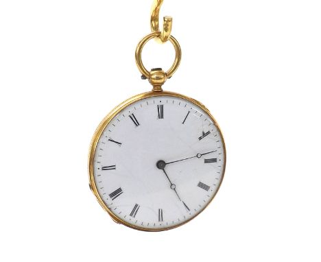 Continental 18k cylinder fob watch, gilt frosted bar movement, the dial with Roman numerals, outer minute markers and moon ha