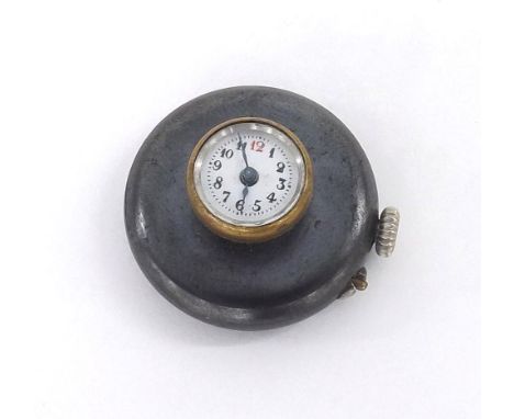 Swiss gunmetal cylinder buttonhole watch, gilt frosted three-quarter plate movement, small circular dial with Arabic numerals