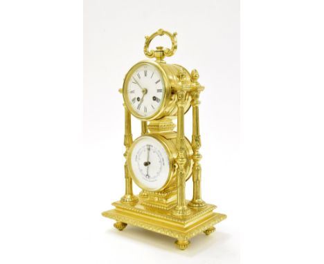 Attractive French ormolu desk compendium comprising a two train clock with platform escapement striking on a bell over an ane