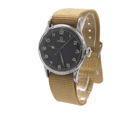 Omega WWII British Military issue stainless steel gentleman's wristwatch, ref. 2292, the circular black dial with white Arabi