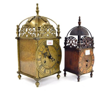 Franz Hermle replica brass ting-tang lantern clock, 14" high; also a smaller lantern timepiece with later electric movement, 