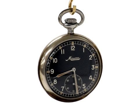 Minerva Deutsches Heer (German Army) chrome cased pocket watch, signed movement no. 1608003, signed black dial with Arabic nu