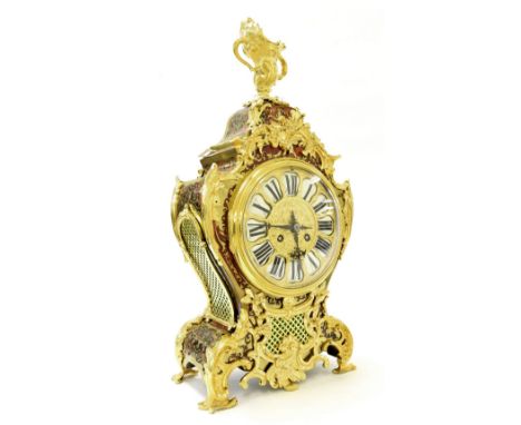 French boulle and ormolu mounted two train balloon mantel clock striking on a gong, the 6" gilt metal dial with Roman cartouc