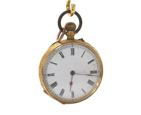 18k cylinder fob watch, gilt frosted bar movement signed D.F&C., the dial with Roman numerals and outer minute track, within 
