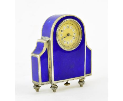 Austrian miniature silver (marked 800) and blue guilloche enamel clock timepiece, with 10 jewel Swiss movement, within a roun