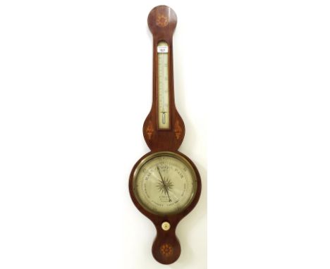 Mahogany inlaid banjo barometer/thermometer, the 8" silvered dial signed E. Molton, Dove Lane, Norwich, within a shaped boxwo