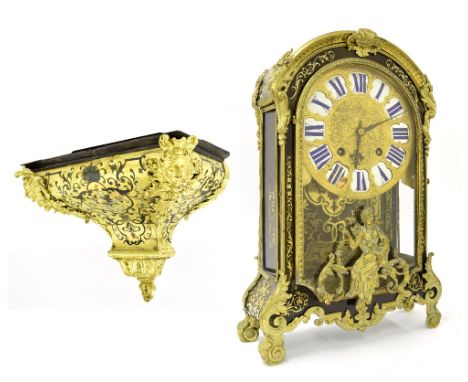 French boulle two train mantel clock and bracket, the movement back plate signed Bonneual á Paris, the 9" gilt engraved dial 
