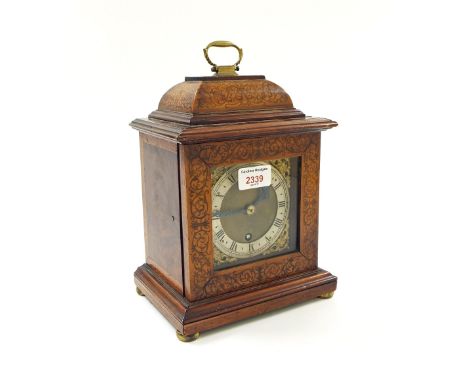 Small contemporary olive wood and seaweed marquetry bracket clock timepiece, the movement with platform escapement, the 4" sq