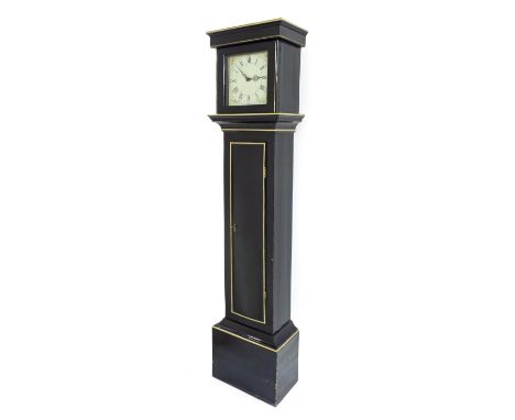 Ebonised thirty hour longcase clock, with 10" square painted dial and birdcage movement, the case with long gilt edged moulde