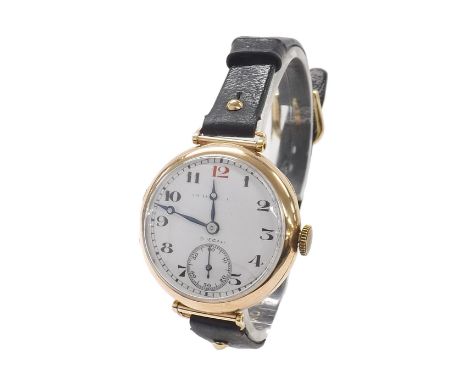 Longines 9ct wire-lug wristwatch, import hallmark for London 1928, enamel white dial with Arabic numerals and red twelve, sub