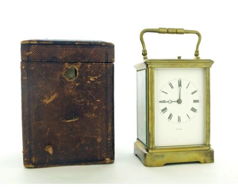 Rare French two button hour/five minute repeating carriage clock striking on a gong, the movement back plate stamped patent S