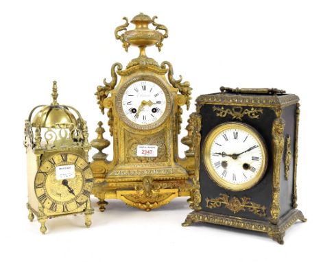French brass two train mantel clock striking on a bell, within an architectural case, 15" high (pendulum) and another two tra