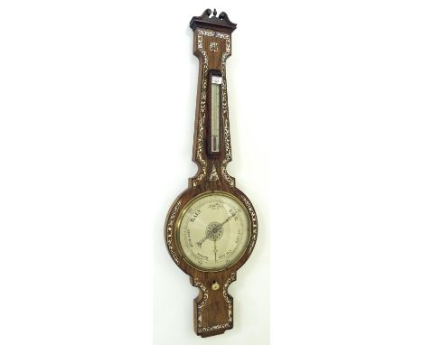 Rosewood and mother of pearl inlaid banjo barometer/thermometer, within a shaped case surmounted by a swan neck pediment and 