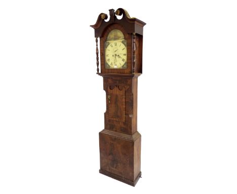 Mahogany and walnut parquetry longcase clock, the 14" painted arched dial signed Jonathan Lawson, Bradford with subsidiary se