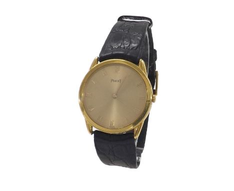 Piaget 18ct slim gentleman's dress wristwatch, case nos. 84073, 483432, champagne dial with baton markers, black leather stra