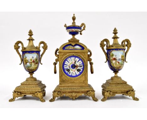 French gilt metal and porcelain mounted two train mantel clock garniture, the movement with outside countwheel striking on a 