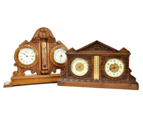 Clock/barometer desk compendium, the twin 3.5" dials either side of a thermometer and within a carved oak case upon a stepped
