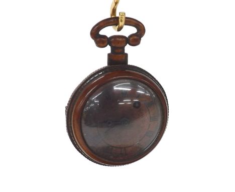 Rare 19th century Continental fruitwood pocket watch, fusee verge movement with ivory/bone fittings, pierced balance cock, re