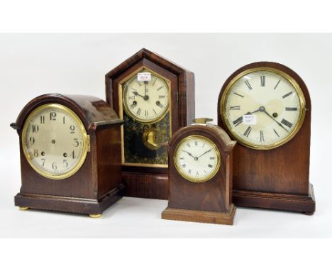 American New Haven rosewood shelf clock, 15.75" high (pendulum); also three other various wooden cased mantel clocks, all in 