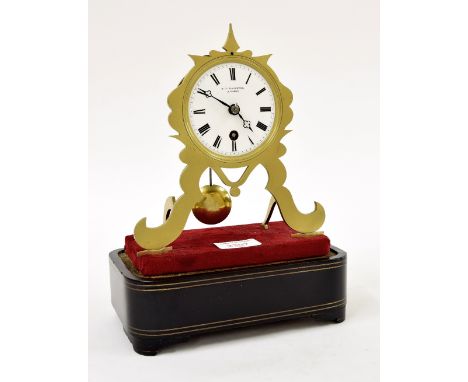 French brass skeleton mantel clock timepiece, the 3" white dial and movement back plate signed F.L. Hausburg á Paris, upon an