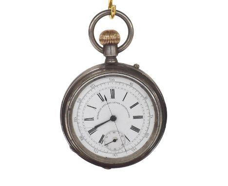 Silver Russell's Keyless Lever Chronograph pocket watch by Longines, Chester 1880, three-quarter plate frosted movement signe