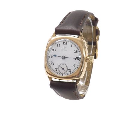 Omega 9ct square cushion cased gentleman's wristwatch, Birmingham 1924, circular white dial with Arabic numerals, outer minut
