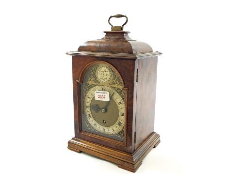 Contemporary walnut bracket clock timepiece with Astral movement, within a burr walnut case surmounted by a caddy top and bra