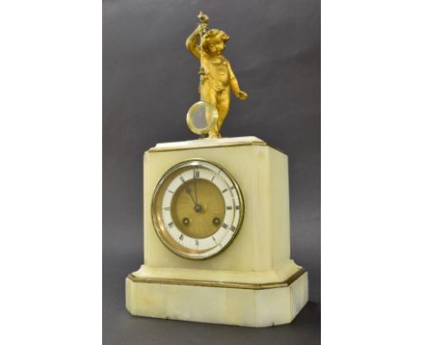 French white onyx and gilt metal two train mystery mantel clock striking on a bell, the 2.25" white chapter ring enclosing a 