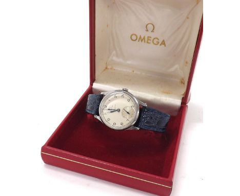 Omega stainless steel gentleman's wristwatch, circa 1952, circular silvered dial branded 'C.H. Moody & Son, Crewe', with Arab