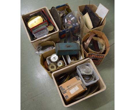 Large quantity of old clock parts and fittings, including glasses, bezels, pendulums etc; also a small quantity of barometer 