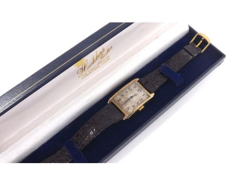 Rolex 9ct rectangular gentleman's wristwatch, Glasgow import mark for 1938, signed engine turned silver dial with Arabic nume