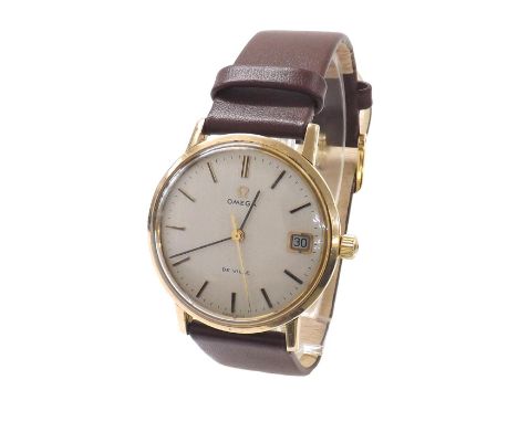 Omega De Ville 9ct gentleman's wristwatch, circular silvered dial with baton markers, centre seconds and date aperture, manua