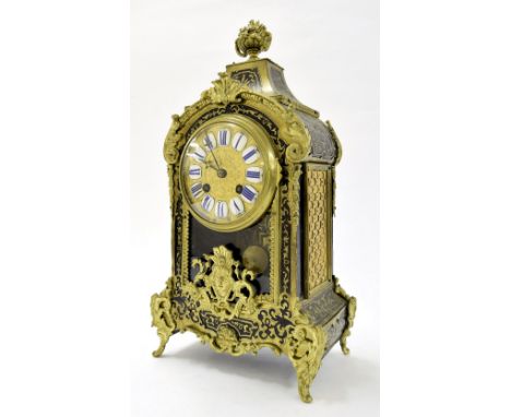 French boulle two train mantel clock striking on a bell, the 4" gilt dial with Roman cartouche enamel numerals, within an arc