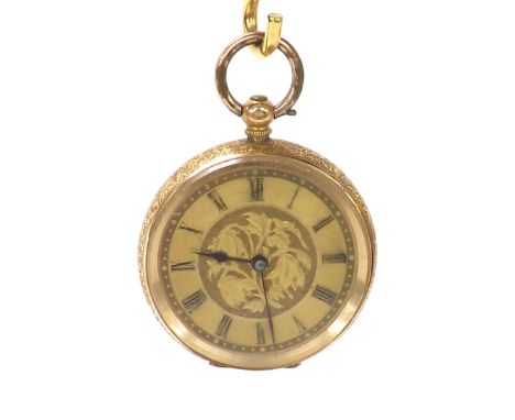 14k cylinder fob watch, frosted gilt bar movement, gilt dial with Roman numerals enclosing an engraved centre, within an intr