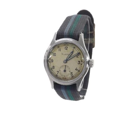 Cortebert British Military Army issue mid-size stainless steel gentleman's wristwatch, signed circular silvered dial with Ara