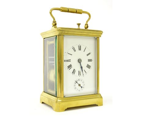 French repeater alarm carriage clock striking the hours and quarters on two gongs, within a corniche brass case, 6" high